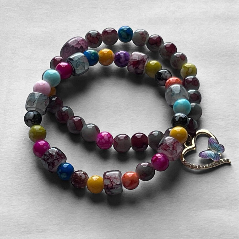 Two Gemstone Stretch Bracelets Muted Spring Colors Charm Double Corded Handmade